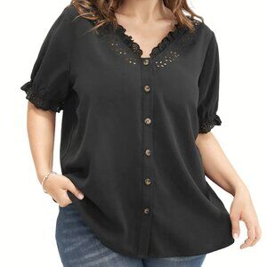 BloomChic Solid Lace Trim Button Up Laser Cut Puff Sleeve BlackBlouse Size 14/16